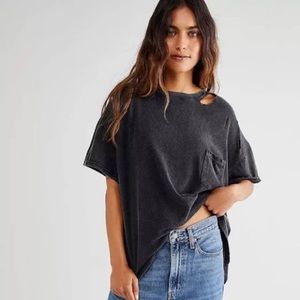 Free People Rubi Ripped T Shirt Charcoal Color RARE